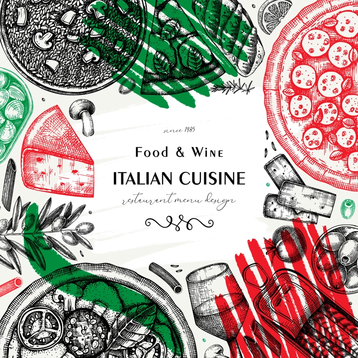  Italian cuisine frame design in collage style. Hand drawn pizza, pasta, risotto with mushrooms, and canape. Mediterranean food sketches. Artistic vector background 